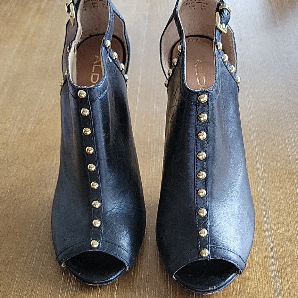 Aldo Black Leather Peep-Toe Studded Slingback Heels